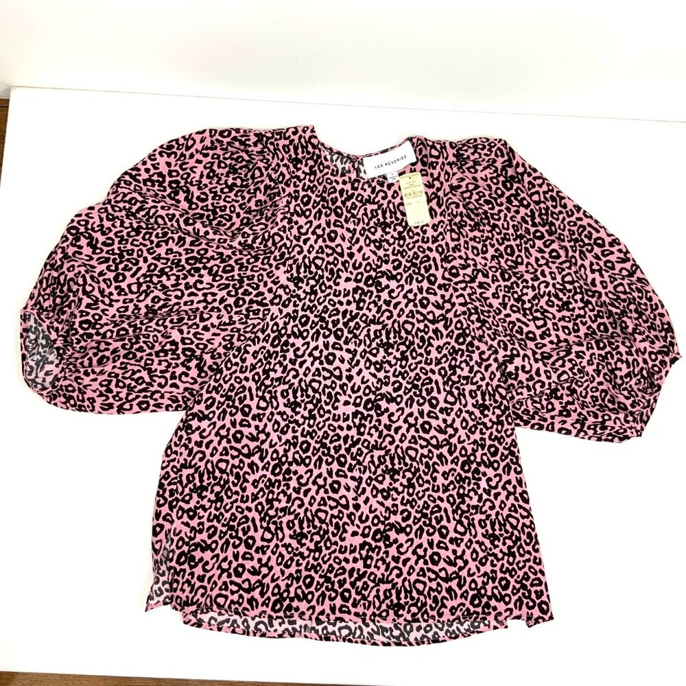 New Les Reveries Silk Balloon Sleeve Animal Leopard Print Blouse Pink Size 4 - Picture 15 of 16